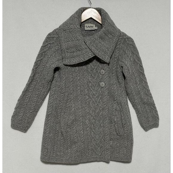 Women Sweater-SAOL-IRELAND-gray cableknit merino wool cardigan Small EUC Pocket - Picture 1 of 7